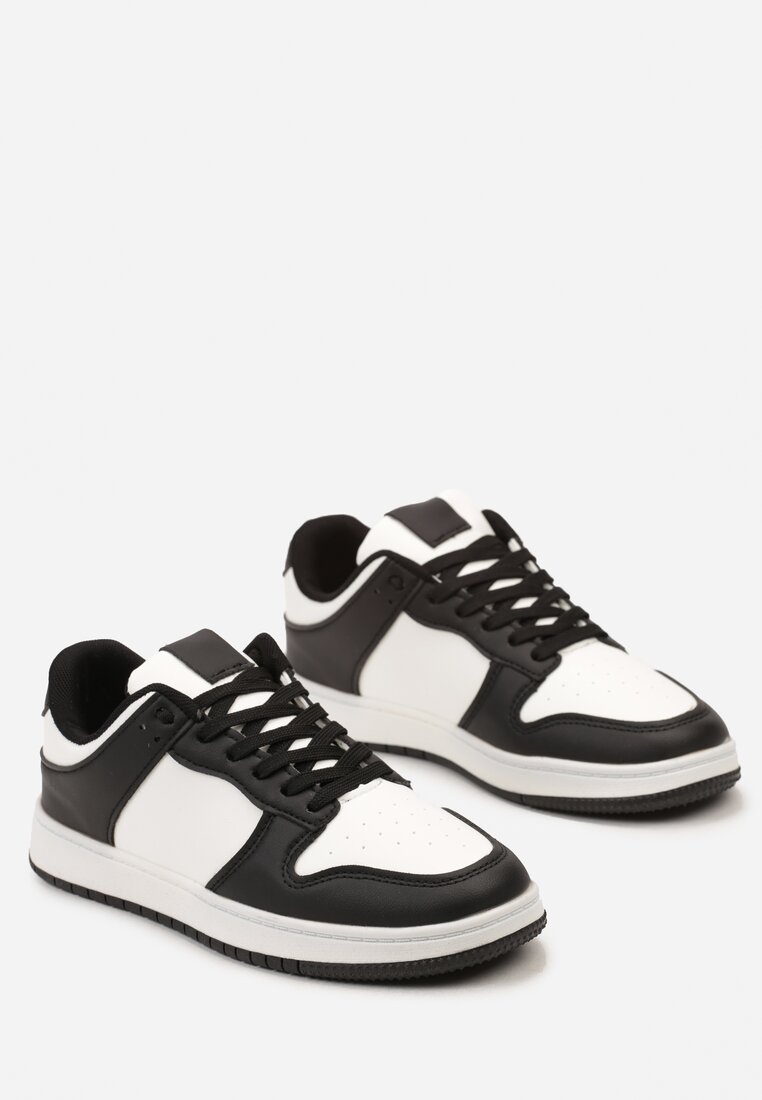 Biało-Czarne Sznurowane Sneakersy na Płaskiej Podeszwie z Imitacji Skóry Bioriana