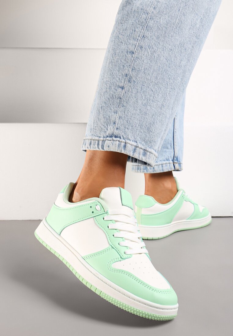 Biało-Zielone Sznurowane Sneakersy na Płaskiej Podeszwie z Imitacji Skóry Bioriana