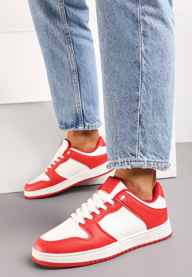 Biało-Czerwone Sznurowane Sneakersy na Płaskiej Podeszwie z Imitacji Skóry Bioriana