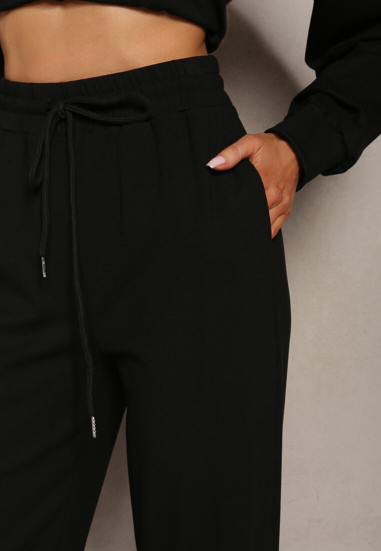 Czarne Dresowe Spodnie z Bawełny z Wysokim Stanem i Sznurkiem Letenti