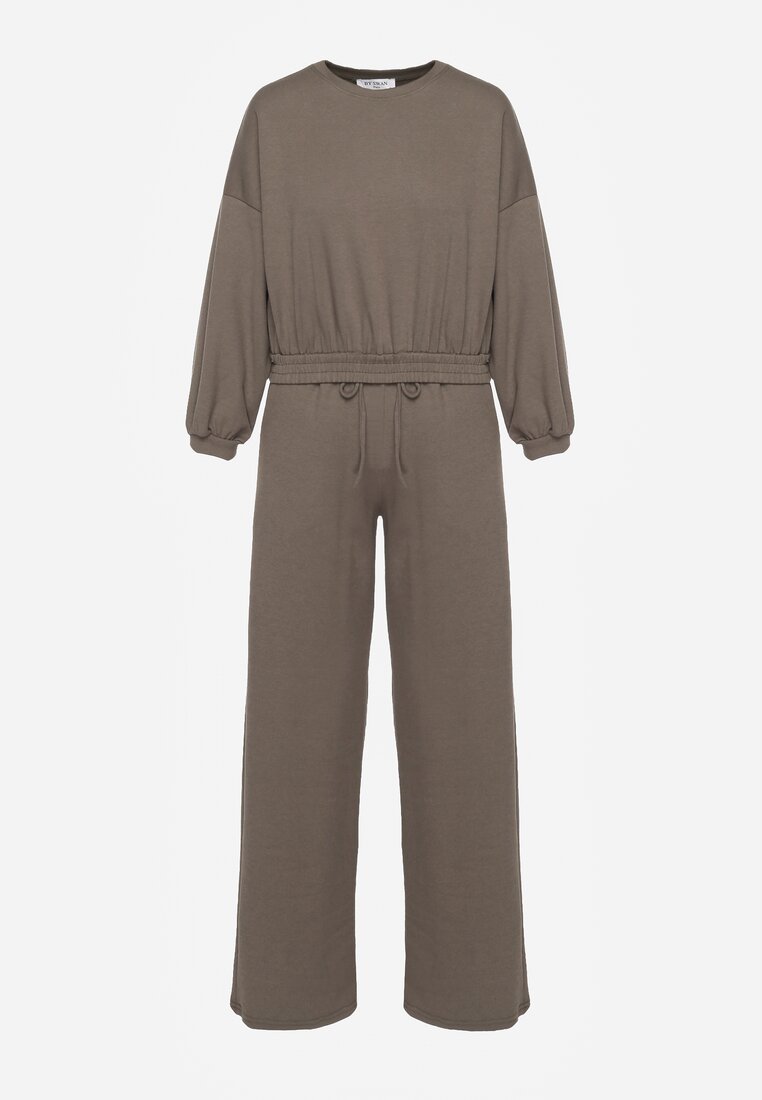 Set Verde Închis din Bumbac Bluză Scurtă cu Elastic și Pantaloni Largi cu Șnur în Talie Rionnea