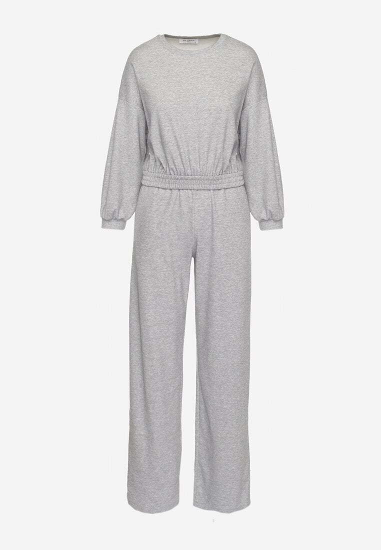 Gri Bluză de Bumbac Scurtă cu Elastic și Pantaloni Largi cu Șnur în Talie Rionnea