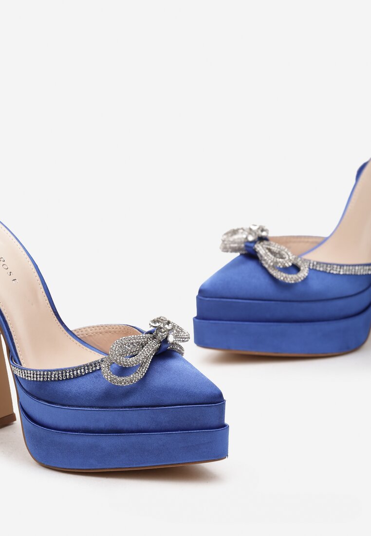Niebieskie Sandały na Geometrycznej Szpilce z Platformą z Odkrytą Piątą i Biżuteryjną Kokardką Mornia