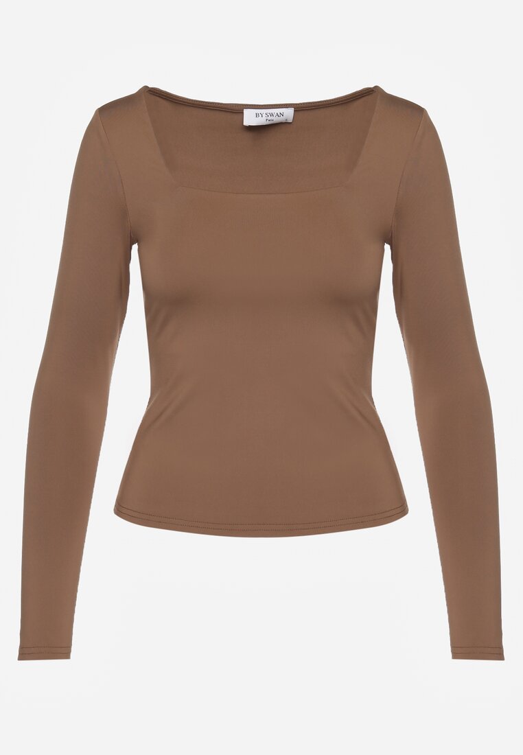 Brązowa Bluzka Longsleeve z Wiskozą i Kwadratowym Dekoltem Seliusei