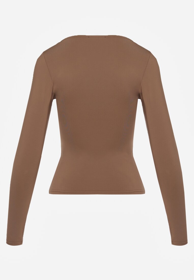 Brązowa Bluzka Longsleeve z Wiskozą i Kwadratowym Dekoltem Seliusei