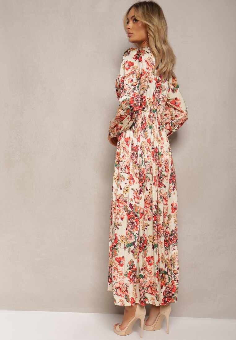 Beżowo-Różowa Rozkloszowana Sukienka Długa z Plisami w Kwiatowy Print Toada
