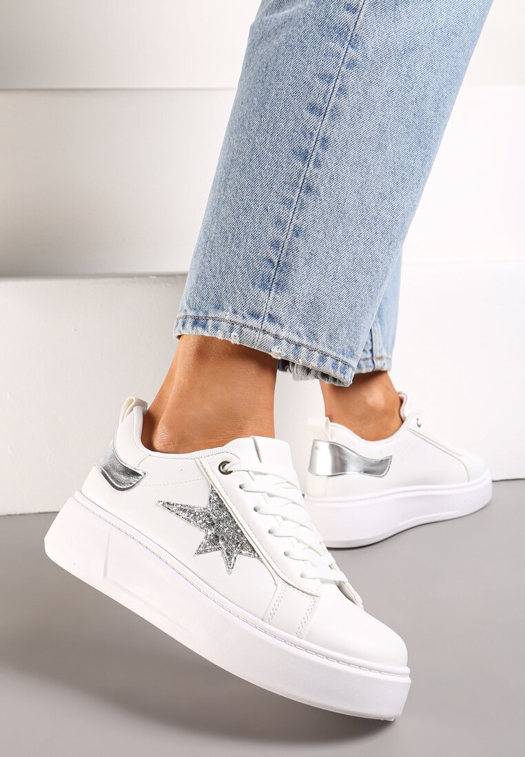 Sneakers Albi cu Șireturi pe Platformă Joasă cu Inserții Sclipitoare Cominia