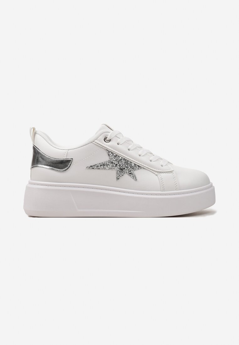 Sneakers Albi cu Șireturi pe Platformă Joasă cu Inserții Sclipitoare Cominia