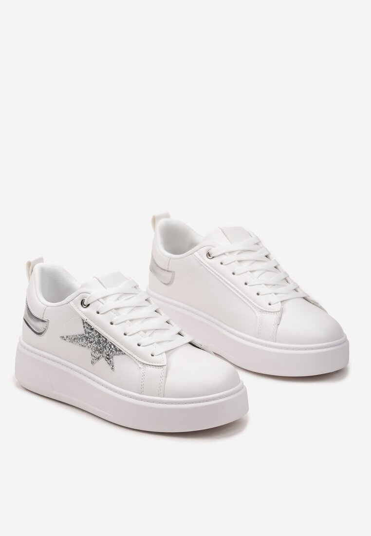 Sneakers Albi cu Șireturi pe Platformă Joasă cu Inserții Sclipitoare Cominia