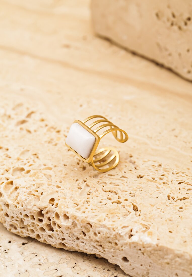 Złoto-Biały Otwarty Pierścionek z Prostokątnym Kamieniem Illera