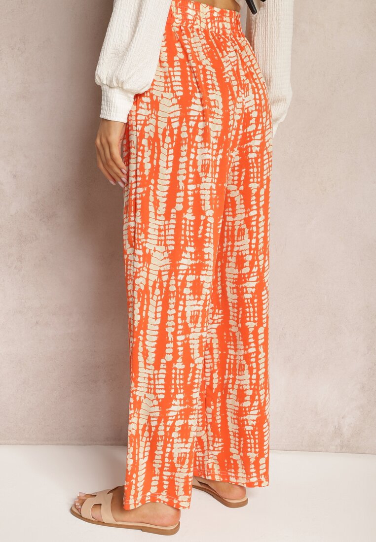 Pomarańczowe Spodnie z Szerokimi Nogawkami z Abstrakcyjnym Wzorem i Gumką w Pasie Sarieta