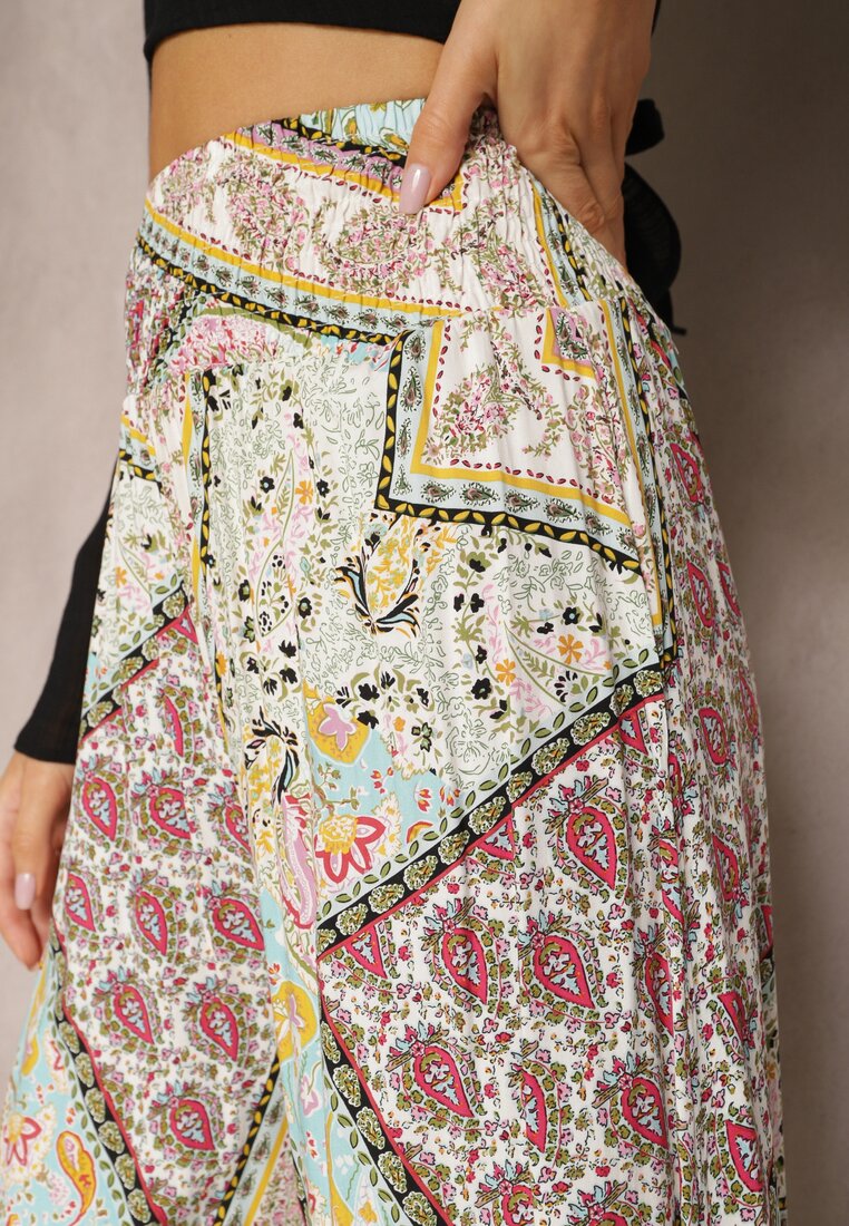 Miętowe Szerokie Spodnie Culottes z Mozaikowym Wzorem i Gumką w Pasie Mizina