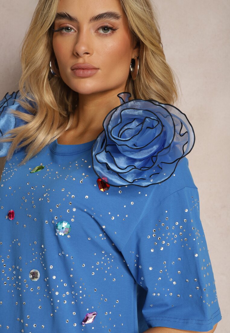 Niebieska Bawełniana Bluzka Prosta z Kryształkami Kwiatami i Cyrkoniami Leokka