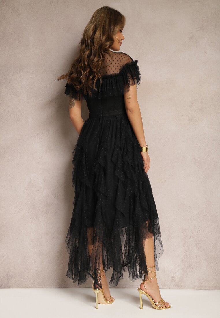 Czarna Rozkloszowana Sukienka z Transparentnymi Wstawkami z Koronki Saela