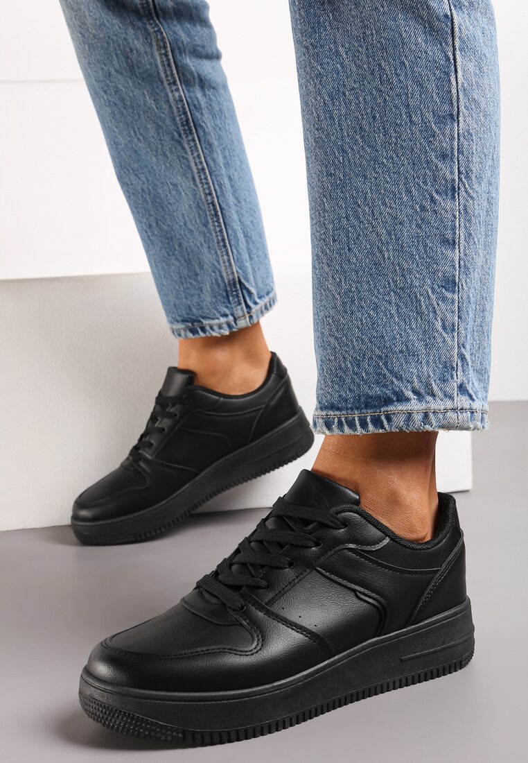Sneakers Negri Inchidere cu Siret din Piele Ecologica Talpa Groasa Perforata Marunt Loeda