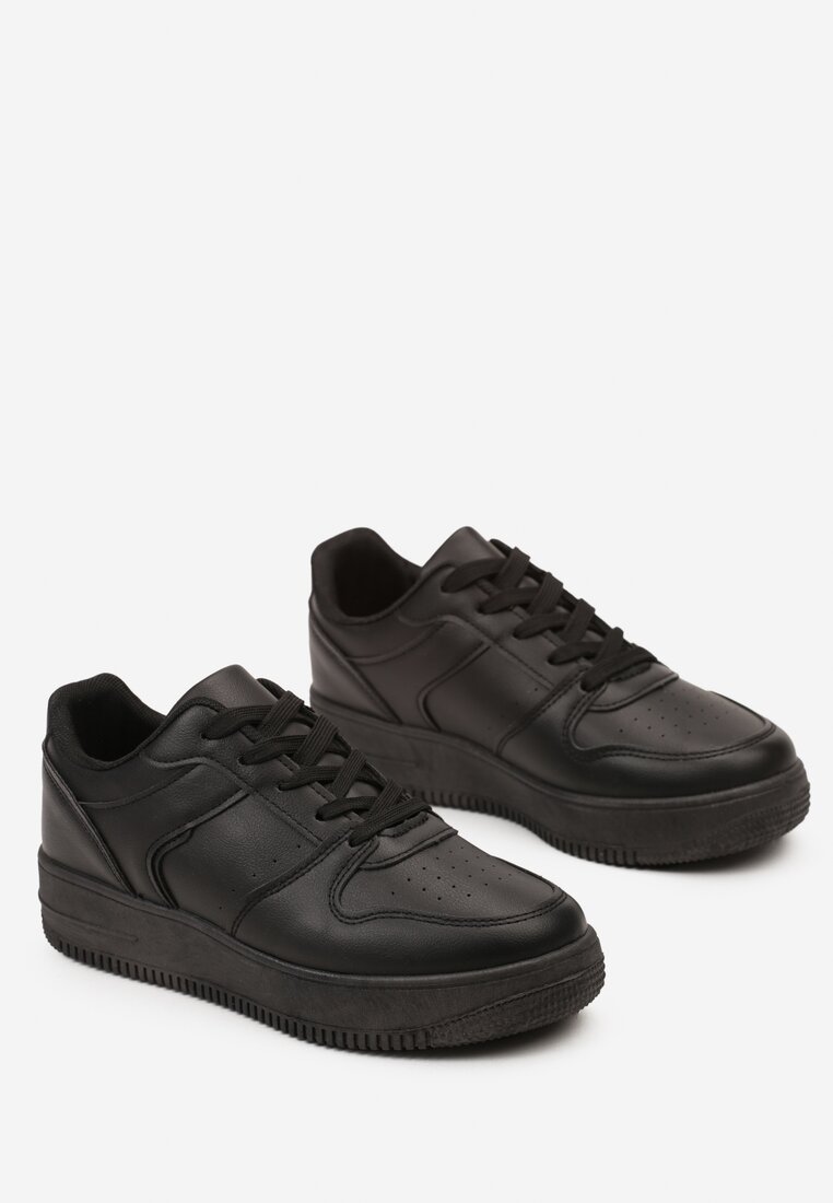 Sneakers Negri Inchidere cu Siret din Piele Ecologica Talpa Groasa Perforata Marunt Loeda