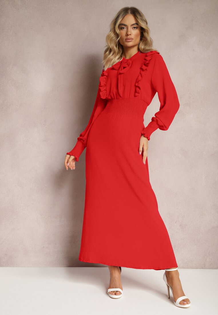 Czerwona Maxi Sukienka Rozkloszowana z Falbankami i Wiązaniem przy Dekolcie Pallam