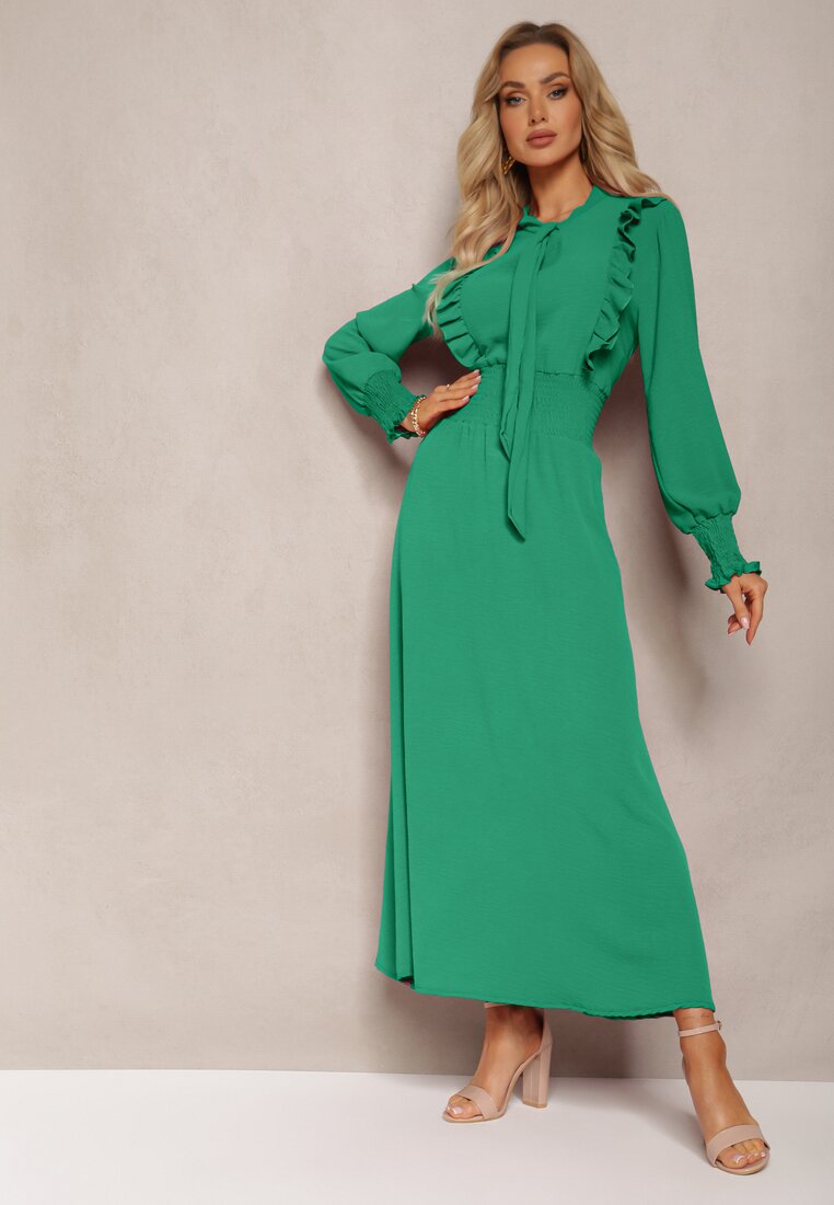 Zielona Maxi Sukienka Rozkloszowana z Falbankami i Wiązaniem przy Dekolcie Pallam