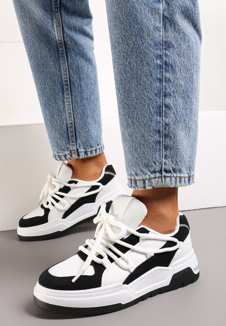 Sneakerși Alb-Negri cu Șireturi Late Decorative Naale