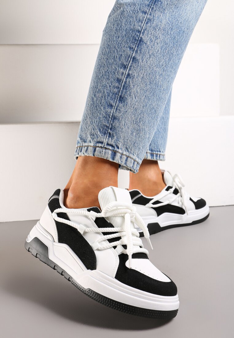 Sneakerși Alb-Negri cu Șireturi Late Decorative Naale