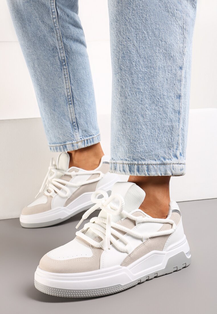 Sneakers Albi-Bej cu Șireturi Lăți Decorative Naale