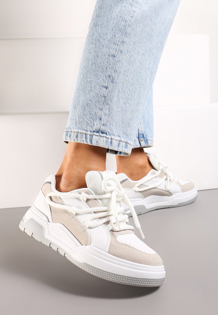 Sneakers Albi-Bej cu Șireturi Lăți Decorative Naale