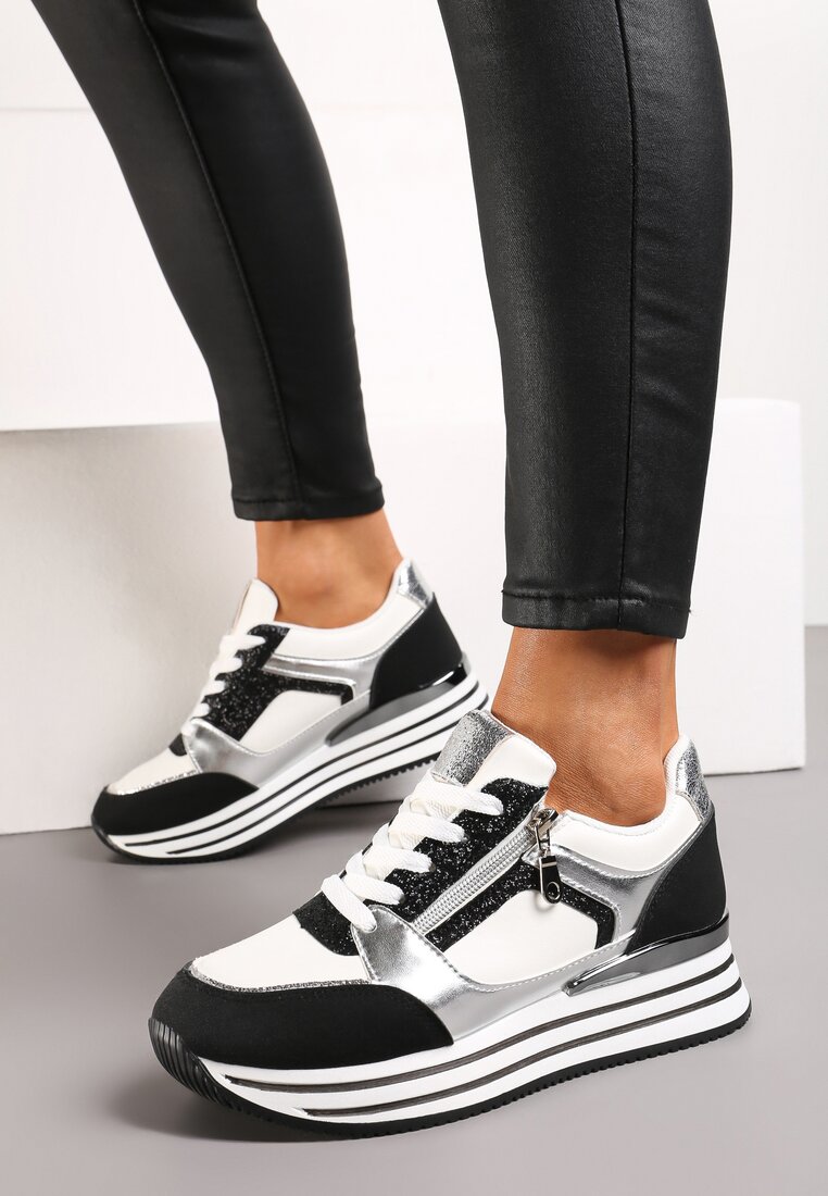 Czarno-Białe Sneakersy z Brokatowymi Wstawkami i Krótkim Suwakiem Naiwra