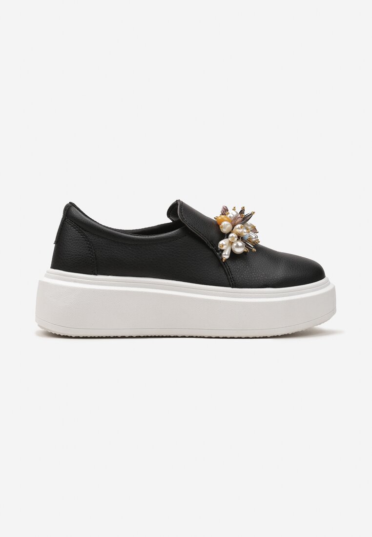 Czarne Sneakersy Ozdobione Koralikami i Kamyczkami na Wysokiej Platformie Walena
