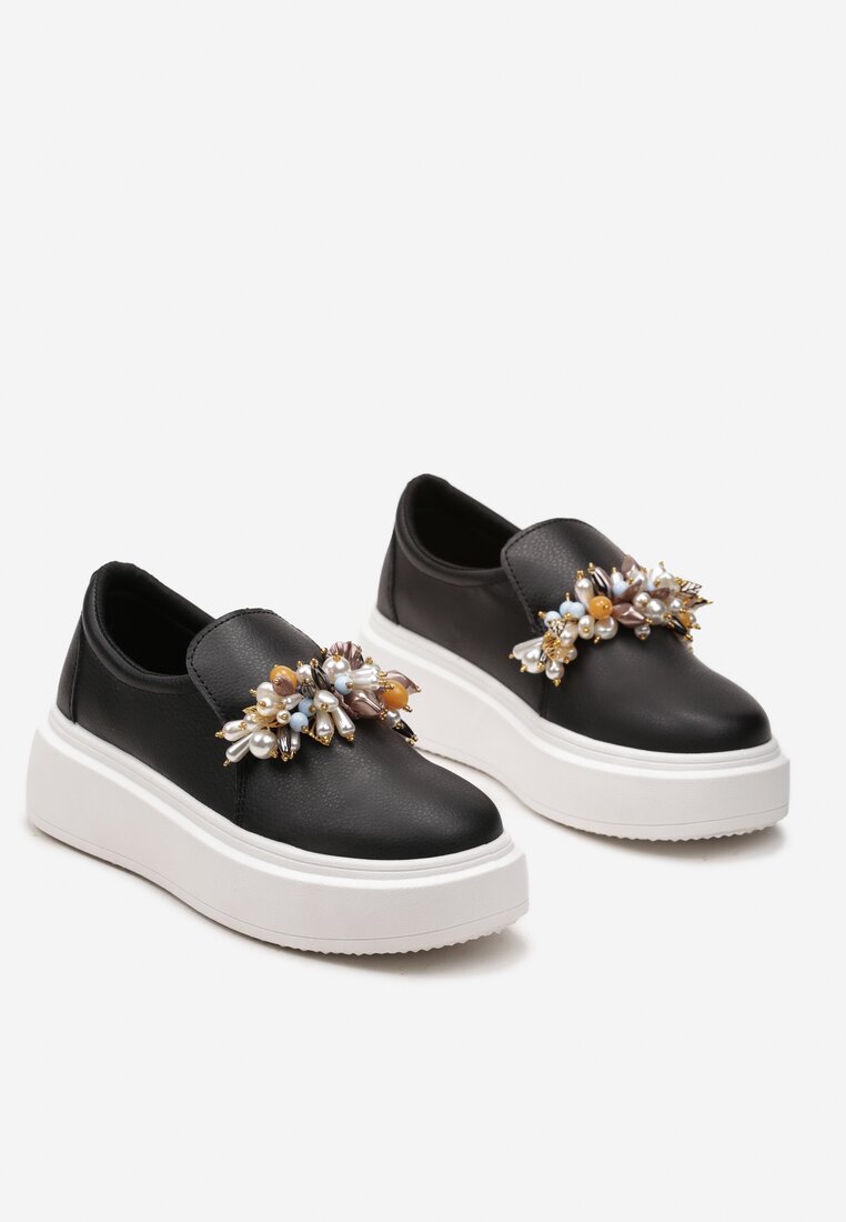 Czarne Sneakersy Ozdobione Koralikami i Kamyczkami na Wysokiej Platformie Walena