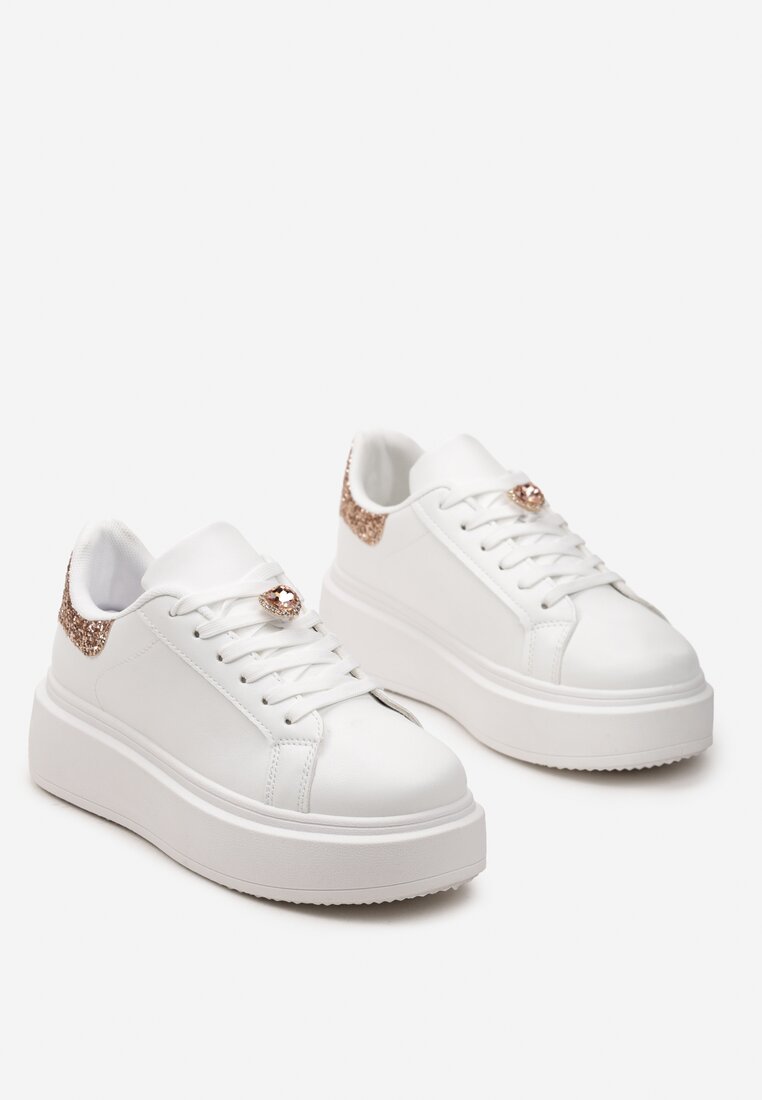 Sneakers Albi-Șampanie cu Inserție Sclipitoare și Pietre Strass la Șireturi Wineta