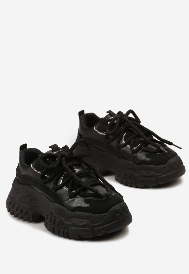 Czarne Sneakersy z Grubymi Sznurówkami na Niskiej Platformie Lasandre