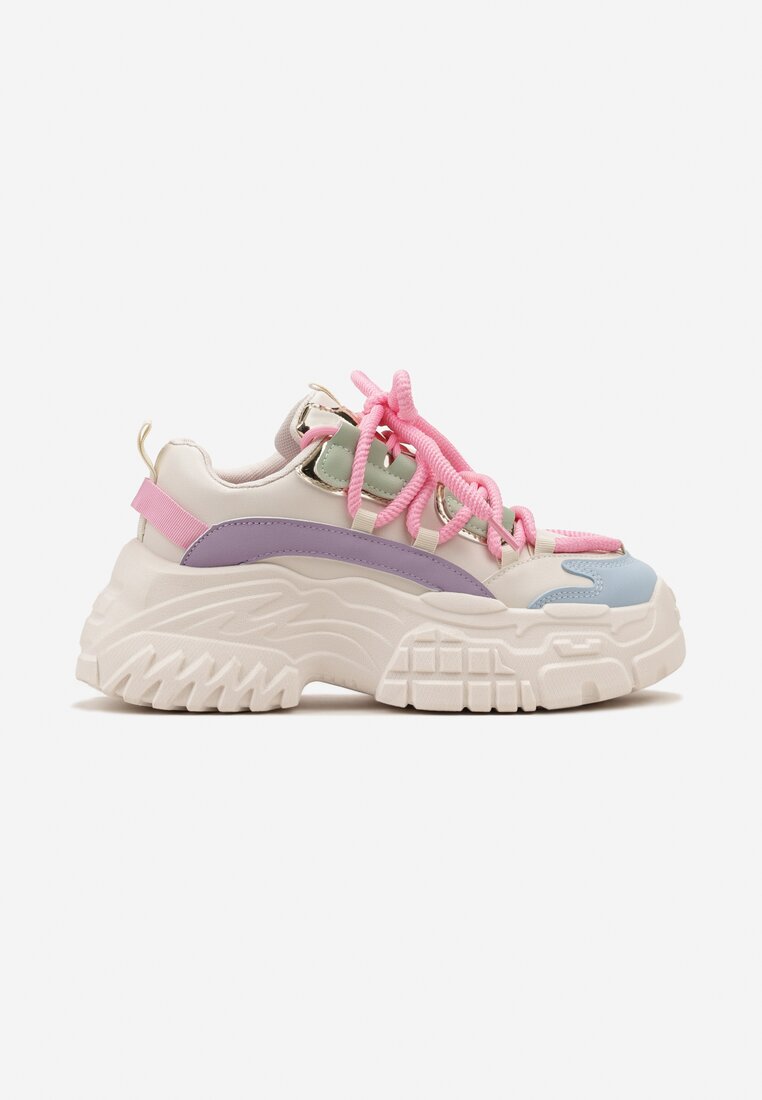 Biało-Różowe Sneakersy z Grubymi Sznurówkami na Niskiej Platformie Lasandre