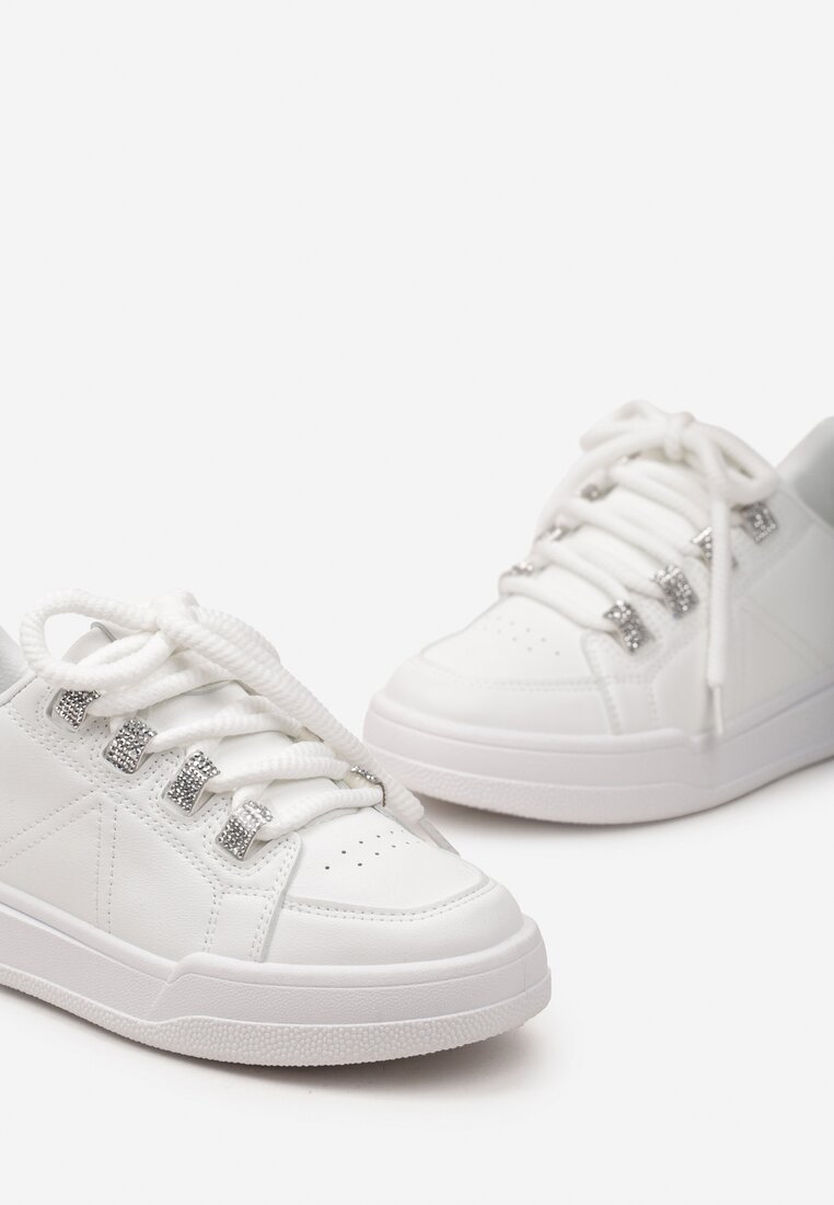 Białe Sznurowane Sneakersy z Ekoskóry z Detalami z Cyrkoniami Falenc