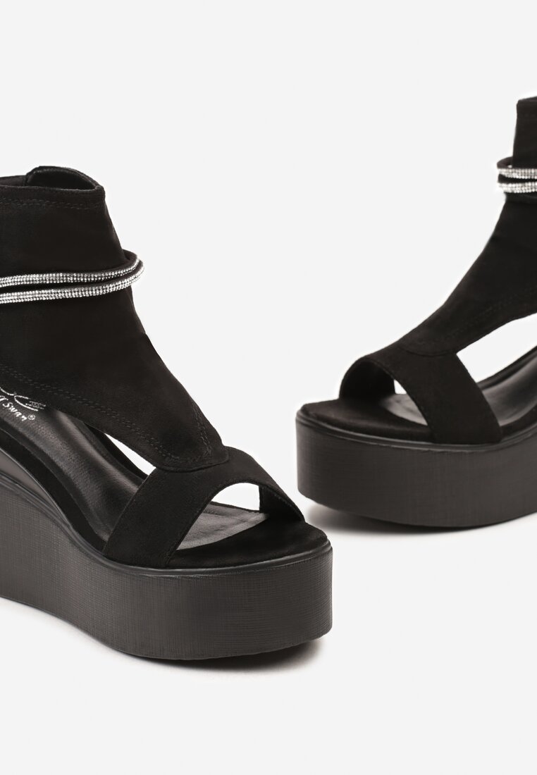 Czarne Sandały za Kostkę na Platformie z Koturnem Ozdobione Cyrkoniami Gavrela