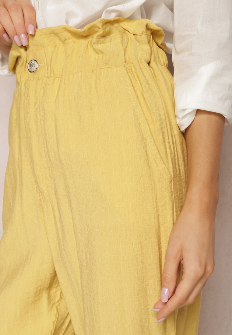 Żółte Klasyczne Spodnie z Elastyczną Talią Paper Bag Targea