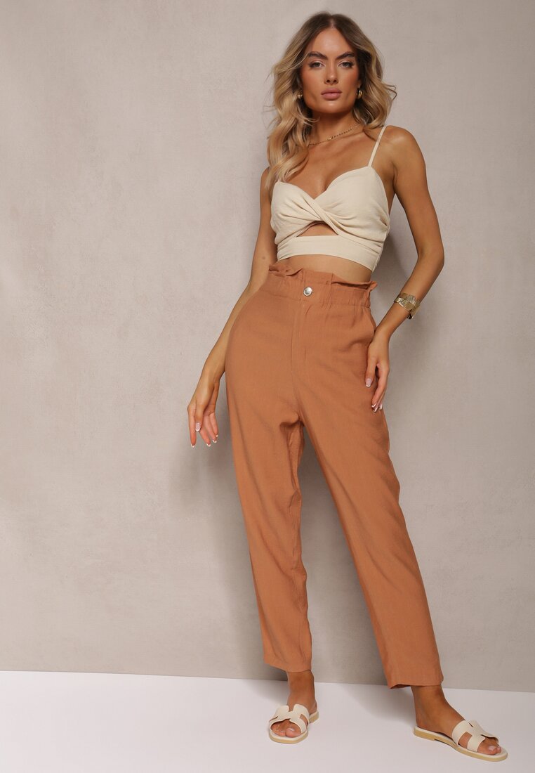 Pantaloni Clasici Maro cu Talia Elastică Paper Bag Targea