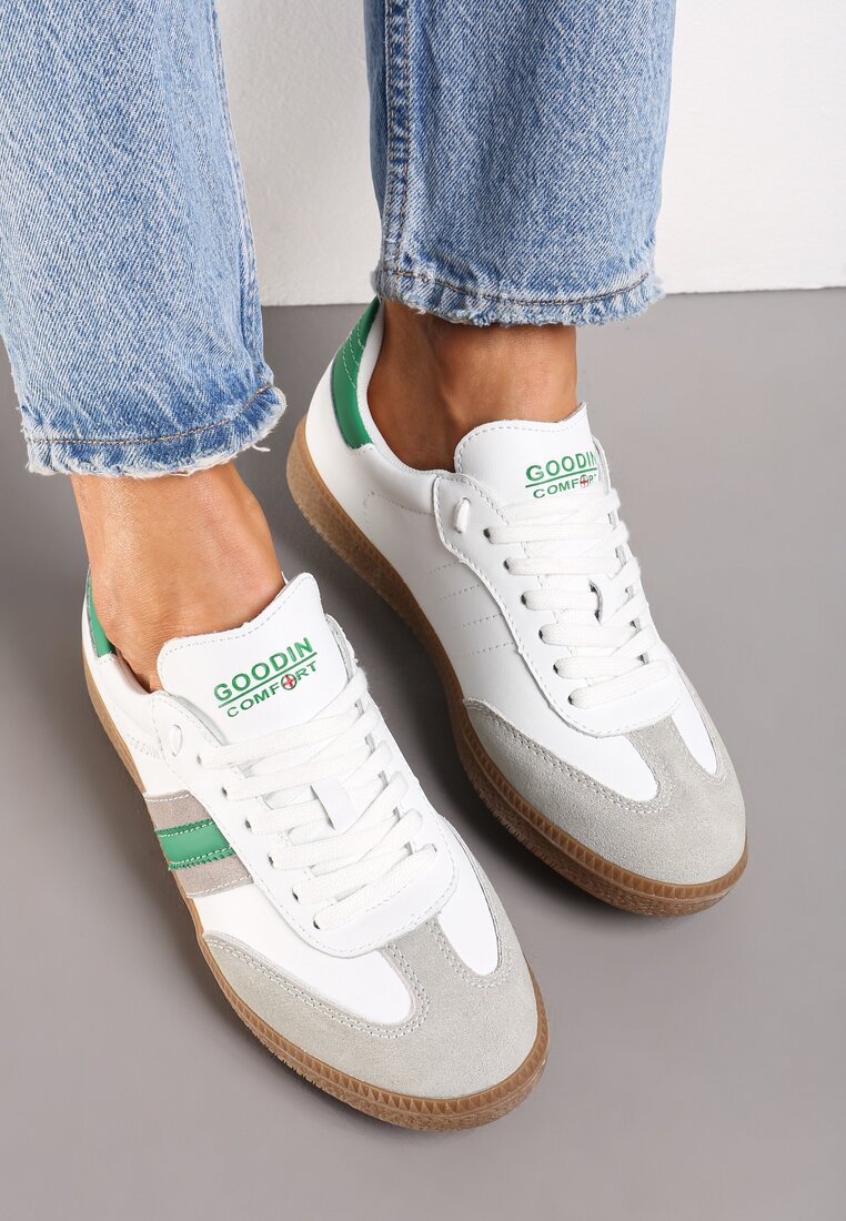 Biało-Zielone Skórzane Sneakersy z Paskami po Bokach Recinea
