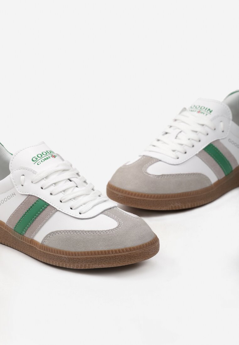 Biało-Zielone Skórzane Sneakersy z Paskami po Bokach Recinea