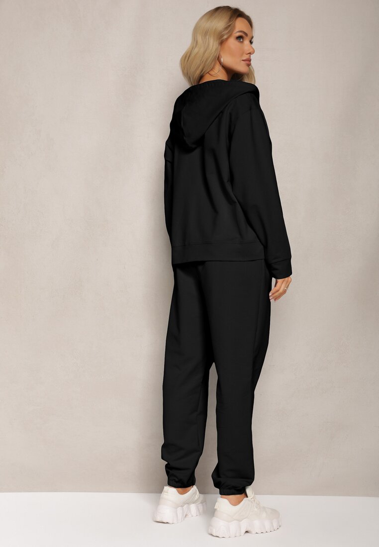 Czarny Bawełniany Komplet Dresowy 2-Częściowy Spodnie z Gumką w Pasie i Kieszeniami oraz Bluza Rozpinana Jenessta
