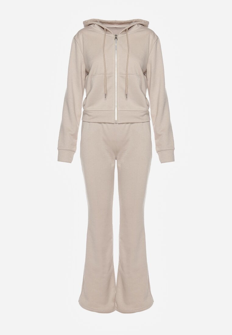 Set trening bej din bumbac pantaloni evazați și hanorac cu glugă Auim