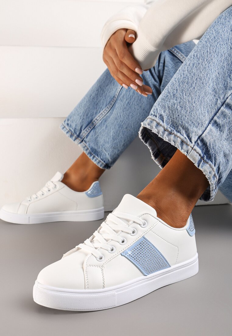 Biało-Niebieskie Sneakersy ze Wstawkami Pokrytymi Cyrkoniami Almarie
