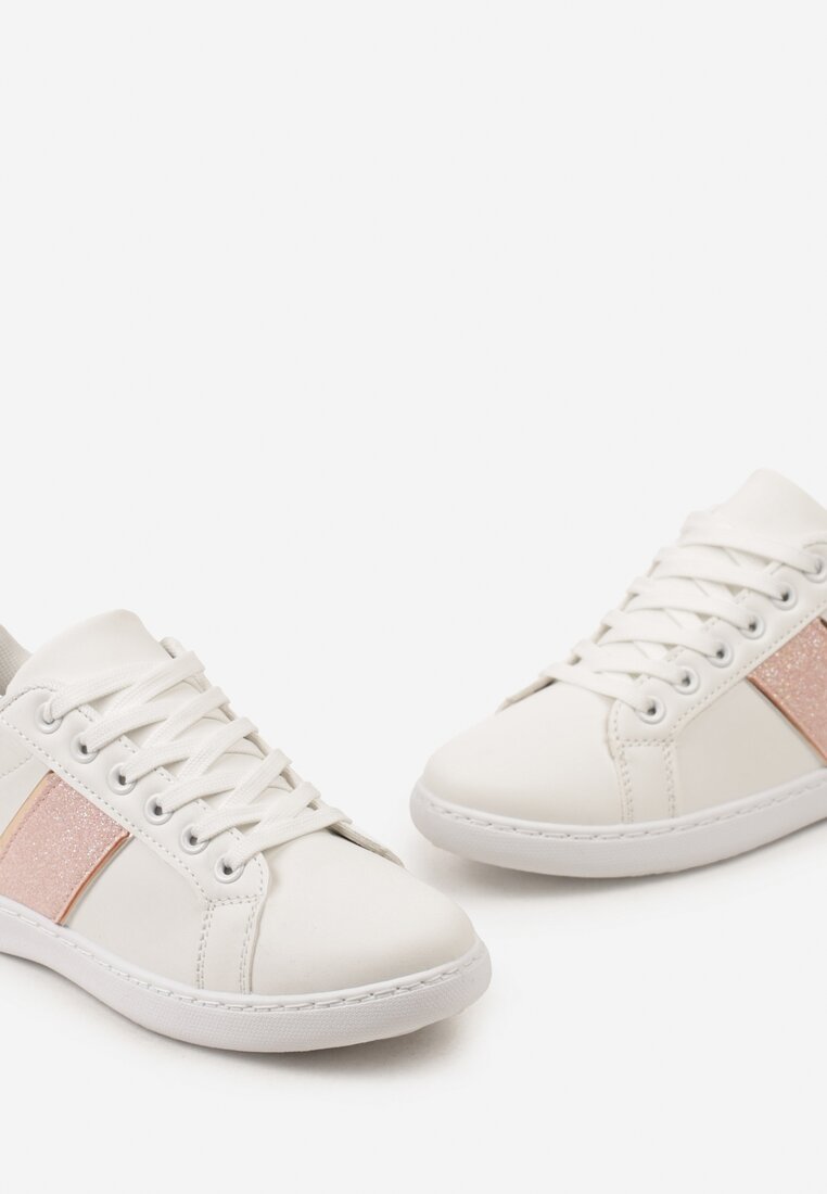 Biało-Różowe Sneakersy Sznurowane Ozdobione Brokatem Vistasta