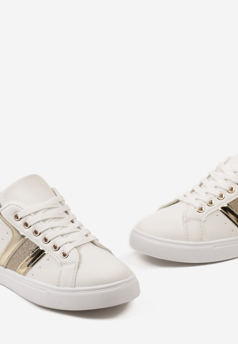Biało-Złote Casualowe Sneakersy z Brokatem i Metalicznym Zdobieniem Tidalis