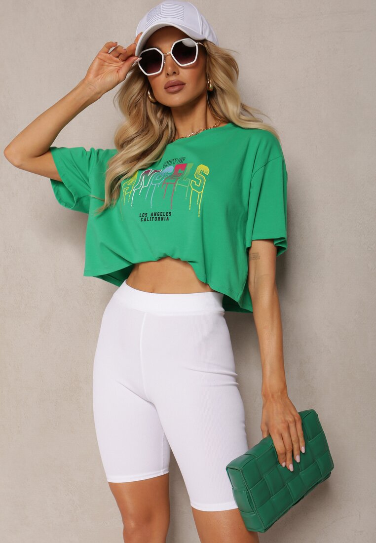 Zielony Bawełniany T-shirt Crop Top z Ozdobną Aplikacją Axindra