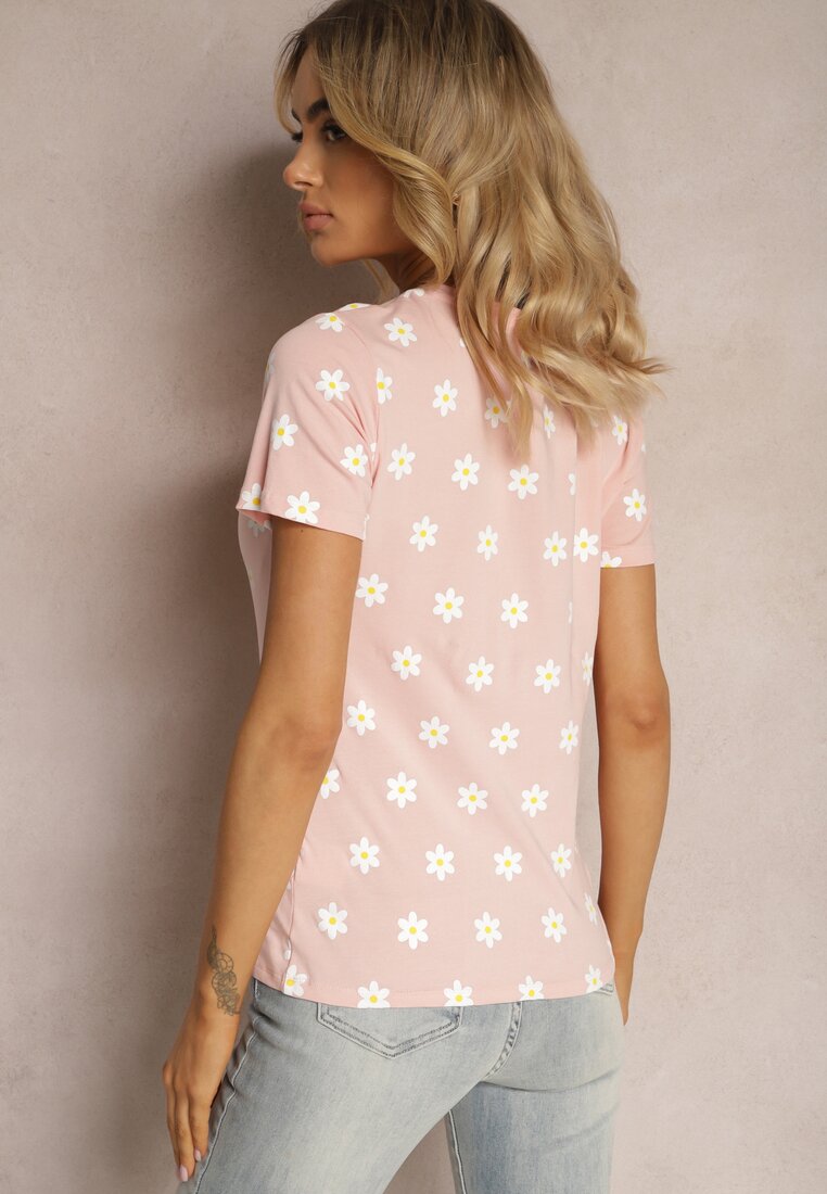 Różowy Bawełniany T-shirt w Kwiatki z Aplikacją z Cyrkonii Ogerdia