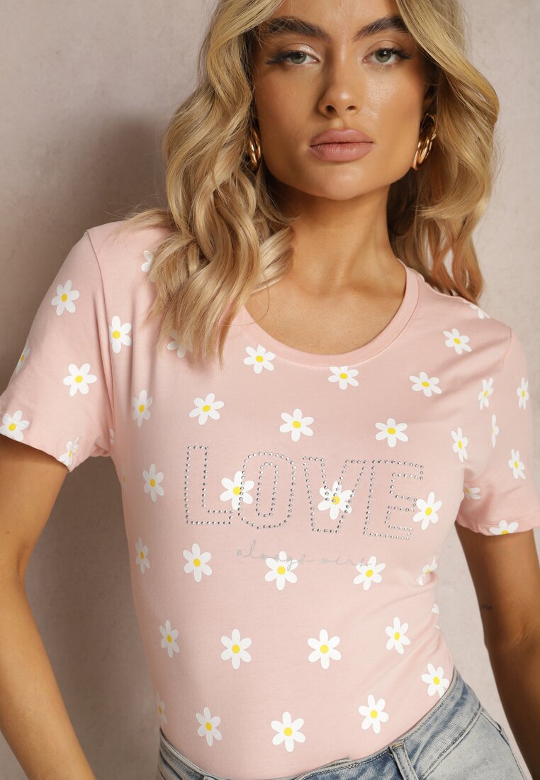 Różowy Bawełniany T-shirt w Kwiatki z Aplikacją z Cyrkonii Ogerdia