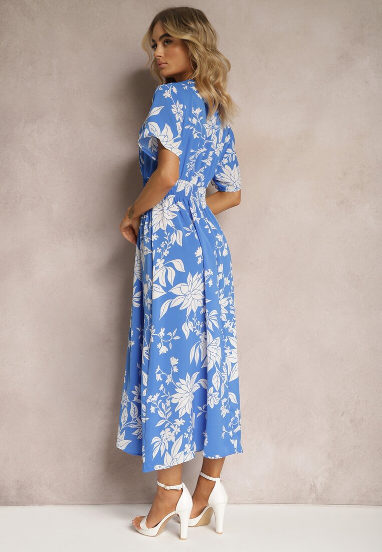 Niebieska Rozkloszowana Sukienka Kopertowa z Kwiatowym Wzorem Mareal