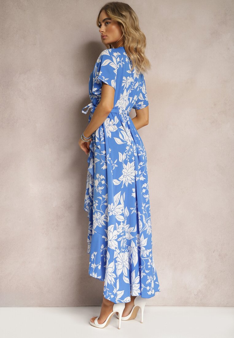 Niebieska Asymetryczna Sukienka Kopertowa z Gumką w Pasie i Kwiatowym Wzorem Aliraya