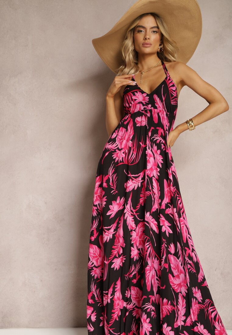 Czarno-Różowa Sukienka Maxi z Wiązanymi Ramiączkami i Rozkloszowanym Dołem z Wiskozy w Kwiaty Rakussa