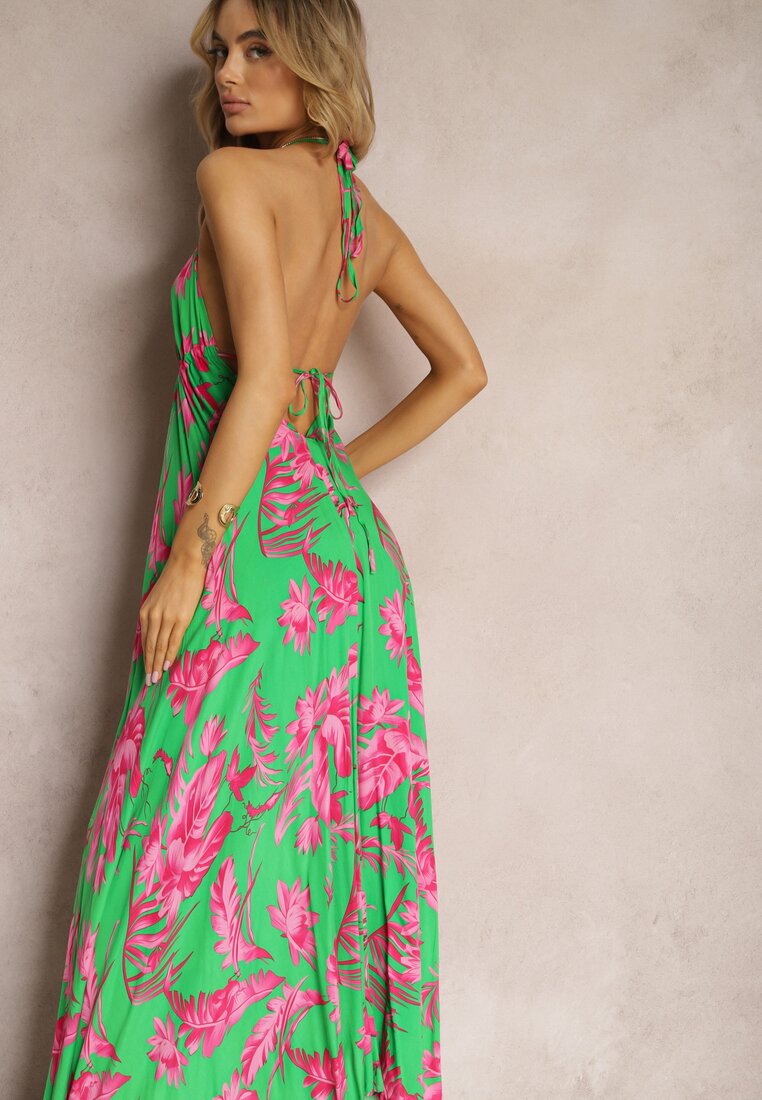 Zielona Sukienka Maxi z Wiązanymi Ramiączkami i Rozkloszowanym Dołem z Wiskozy w Kwiaty Rakussa